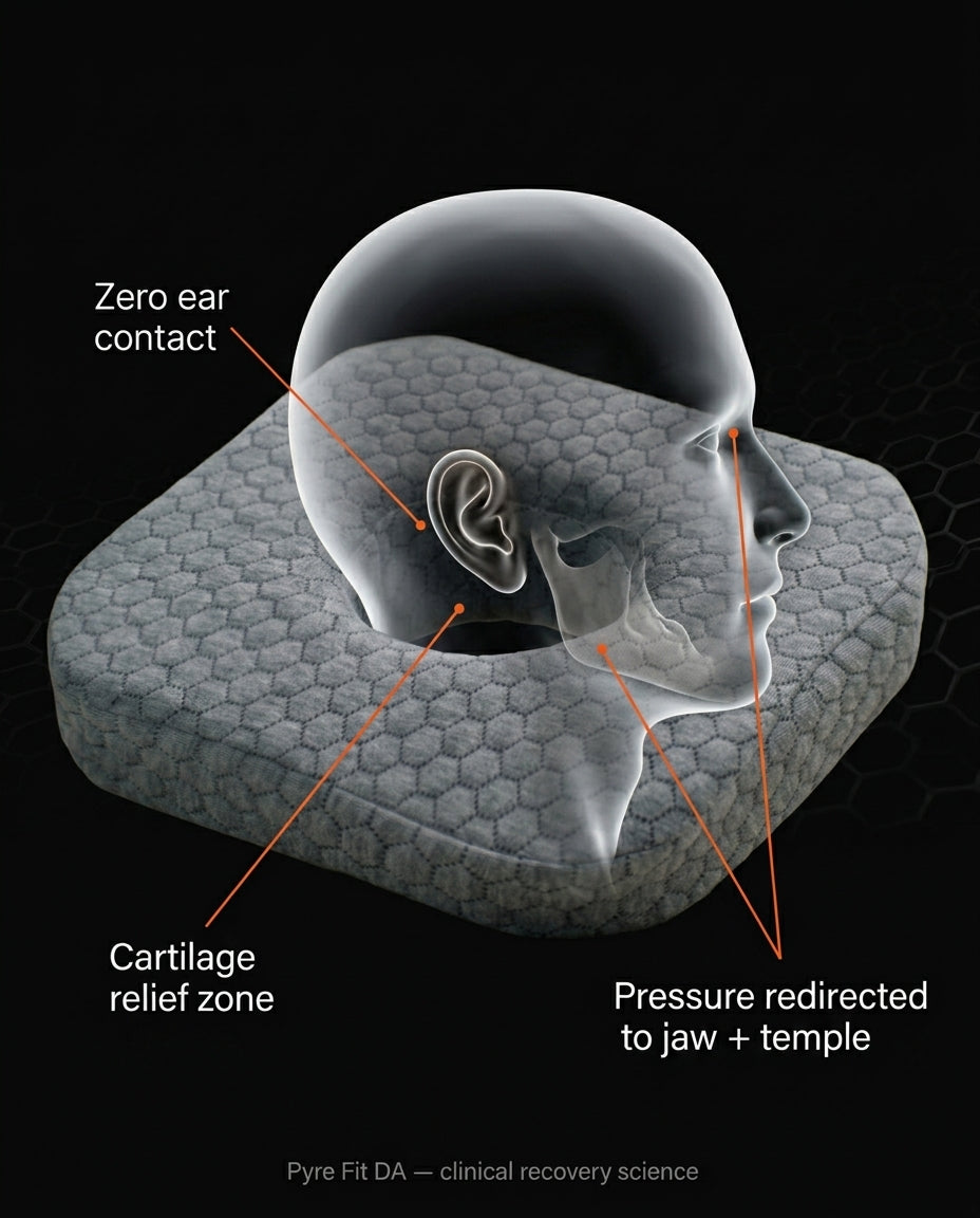 Anatomy overlay showing the ear pillow redirecting pressure off the cartilage