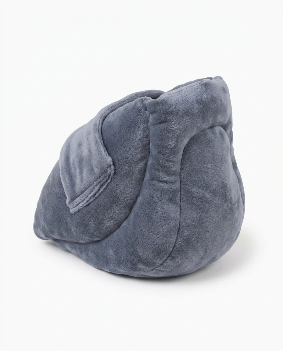 Three-quarter back view of the grey velvet heel cushion pillow on white
