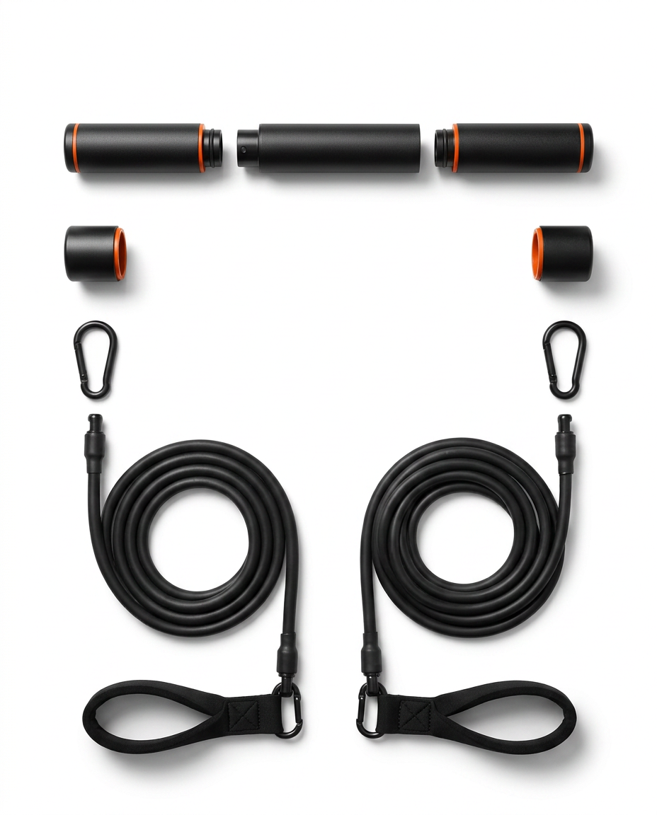Exploded view of Pilates bar kit parts: sections, clips, bands, foot straps