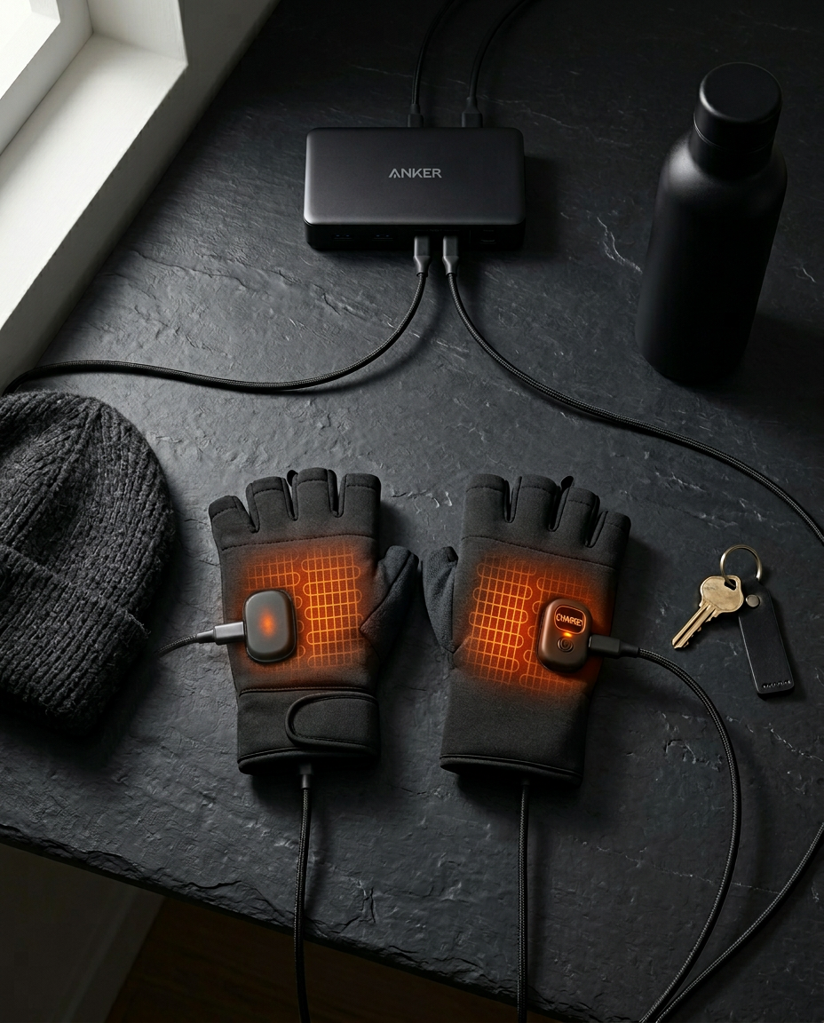 Heated gloves charging via USB-C beside a beanie, bottle and keys on slate
