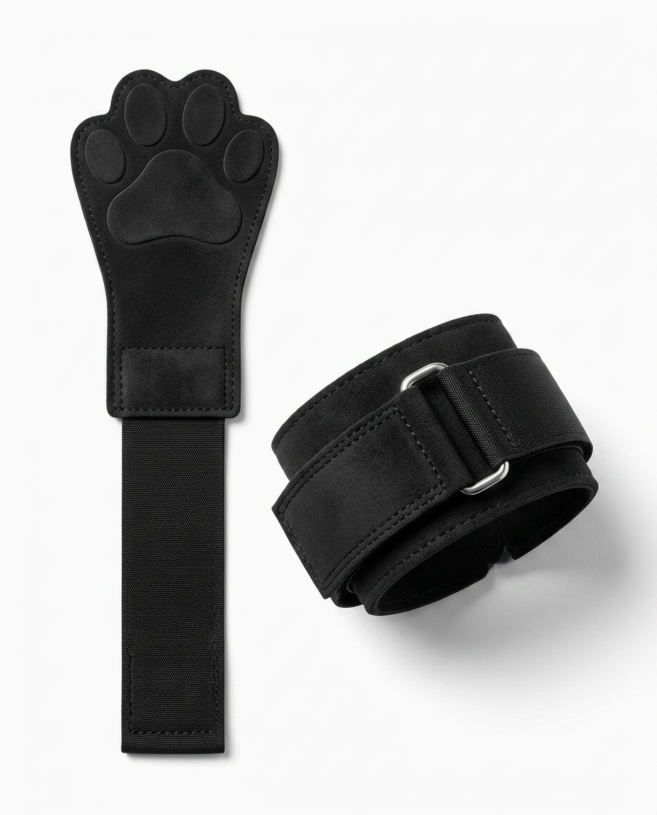 Black paw lifting grip flat-laid showing paw pad and metal D-ring strap