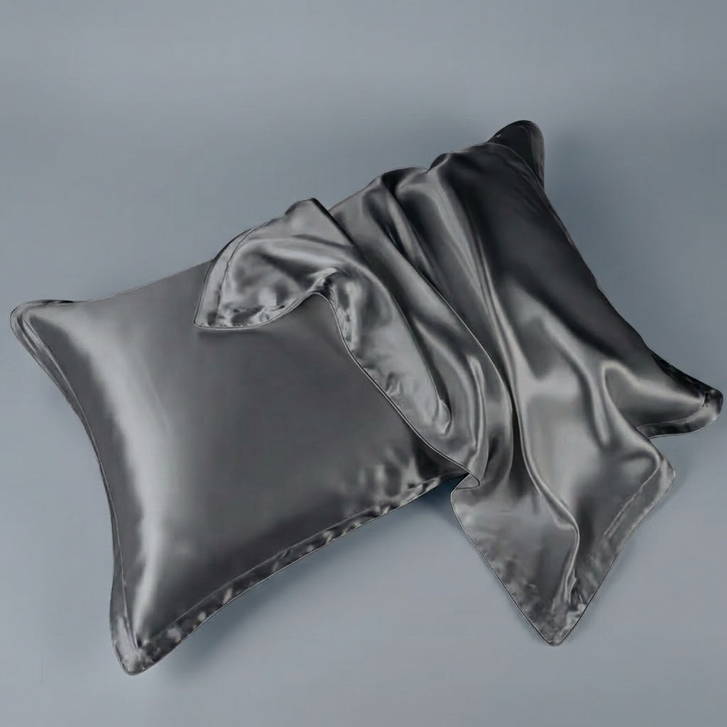 Dark gray silk pillowcases stacked on a gray background