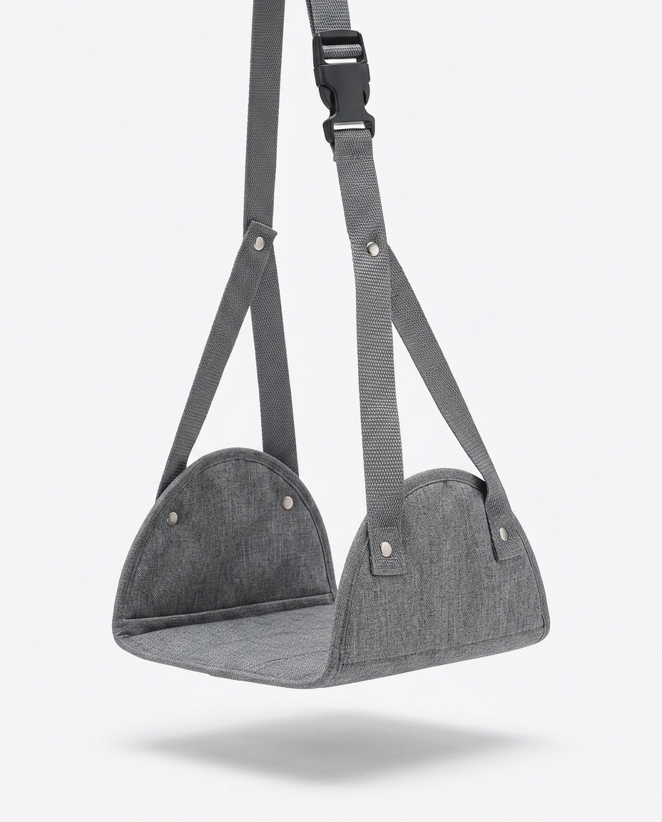 Grey portable foot hammock with straps and buckle, studio on white