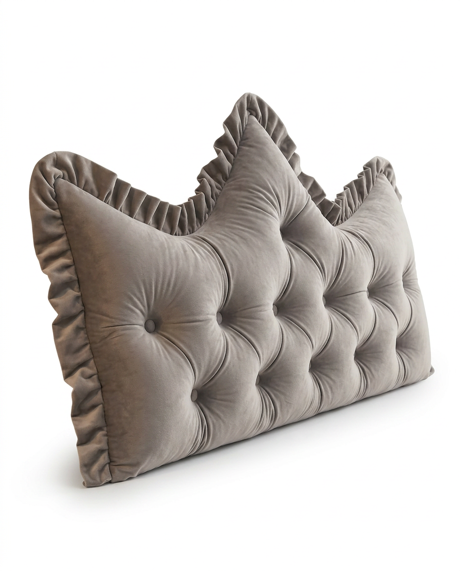 Pearl gray tufted velvet headboard backrest cushion, studio shot on white