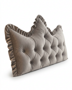 Pearl gray tufted velvet headboard backrest cushion, studio shot on white