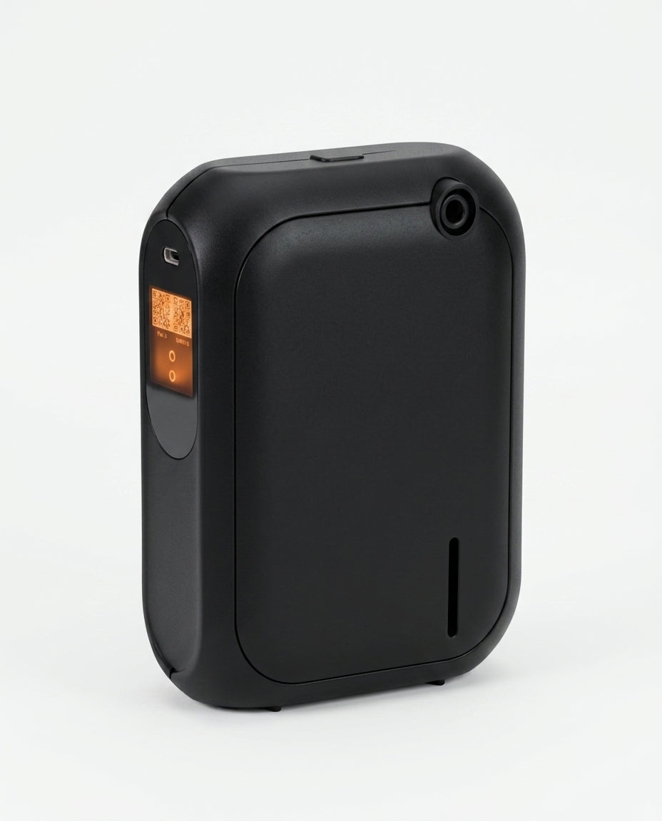 Black aroma diffuser variant with orange LCD, studio shot on white