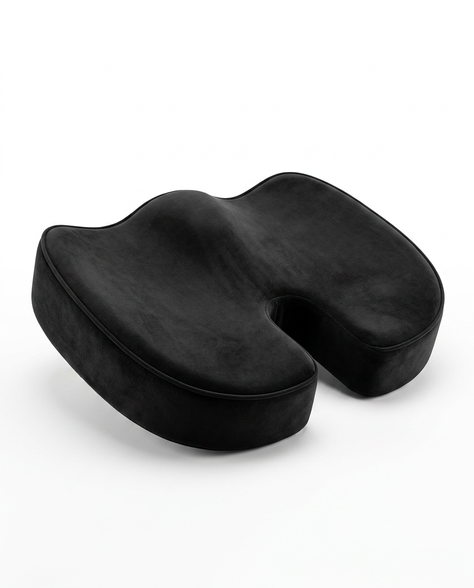 Black velvet-cover memory foam seat cushion with coccyx cutout, angled view