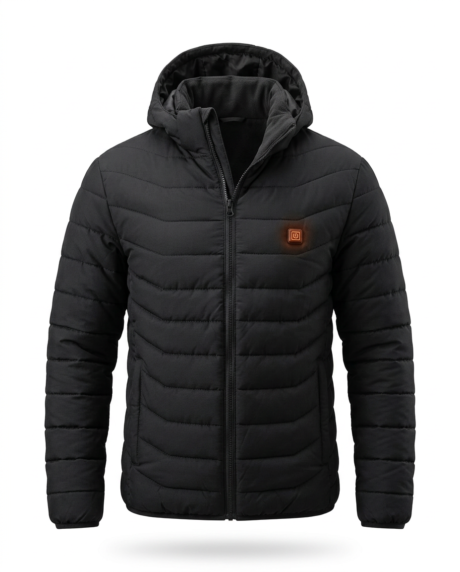 Black heated jacket color variant, front studio shot on white