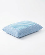 Blue marled memory foam pillow with honeycomb gel top, studio shot