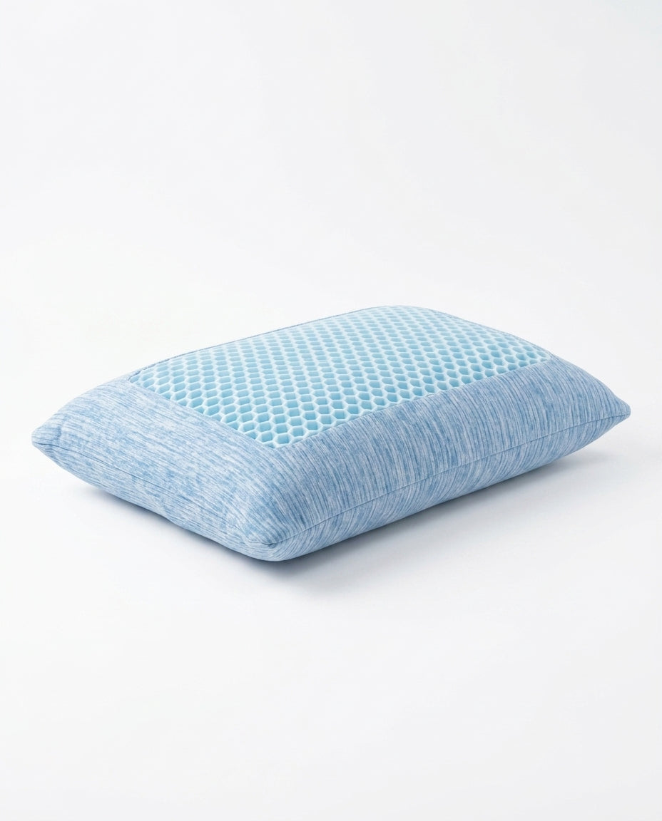 Blue marled memory foam pillow with honeycomb gel top, studio shot