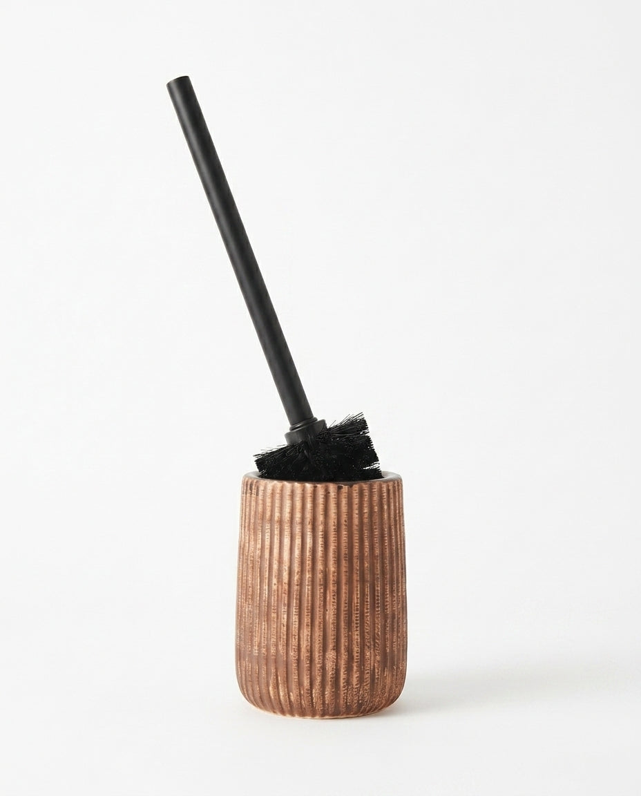 Brown ribbed ceramic toilet brush holder with black brush on white
