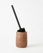 Brown ribbed ceramic toilet brush holder with black brush on white