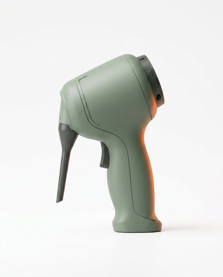 Sage green cordless cleaning tool with nozzle, side view on white