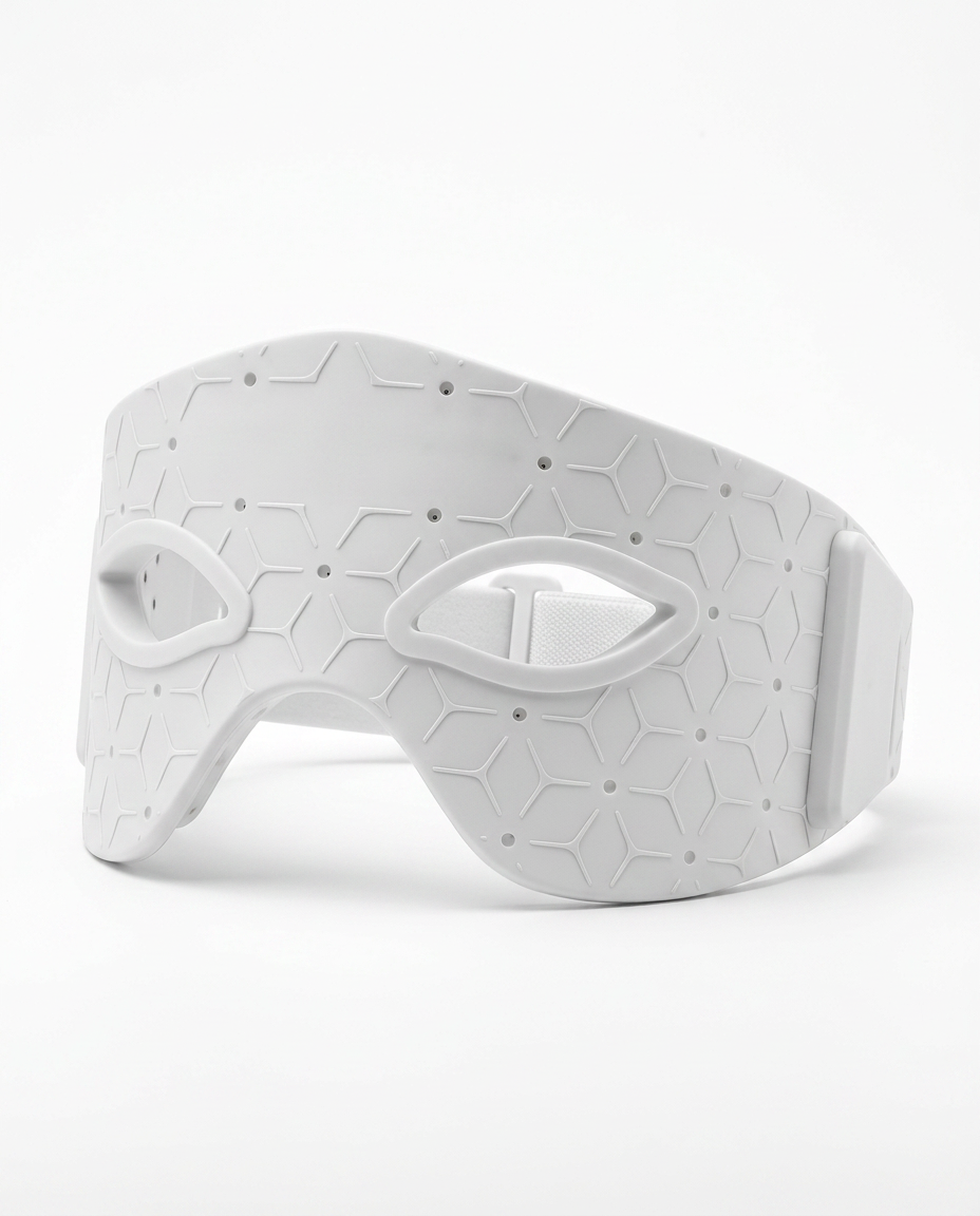 White LED eye mask packshot showing hexagon-patterned outer surface