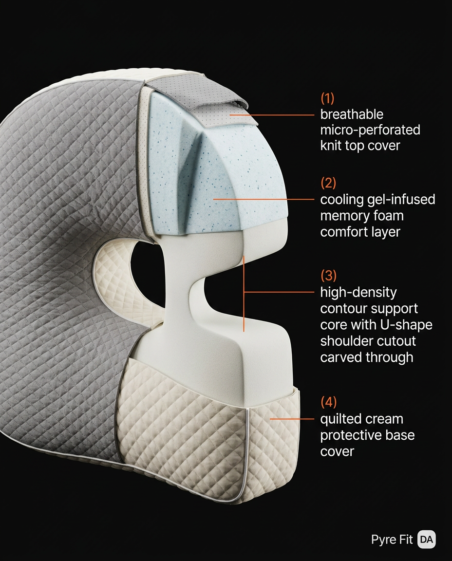 Cutaway diagram showing the four foam and cover layers of the side sleeper pillow
