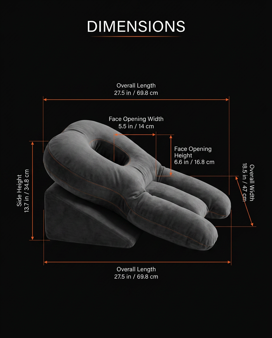 Dimensions infographic of the face-down support pillow in inches and centimeters