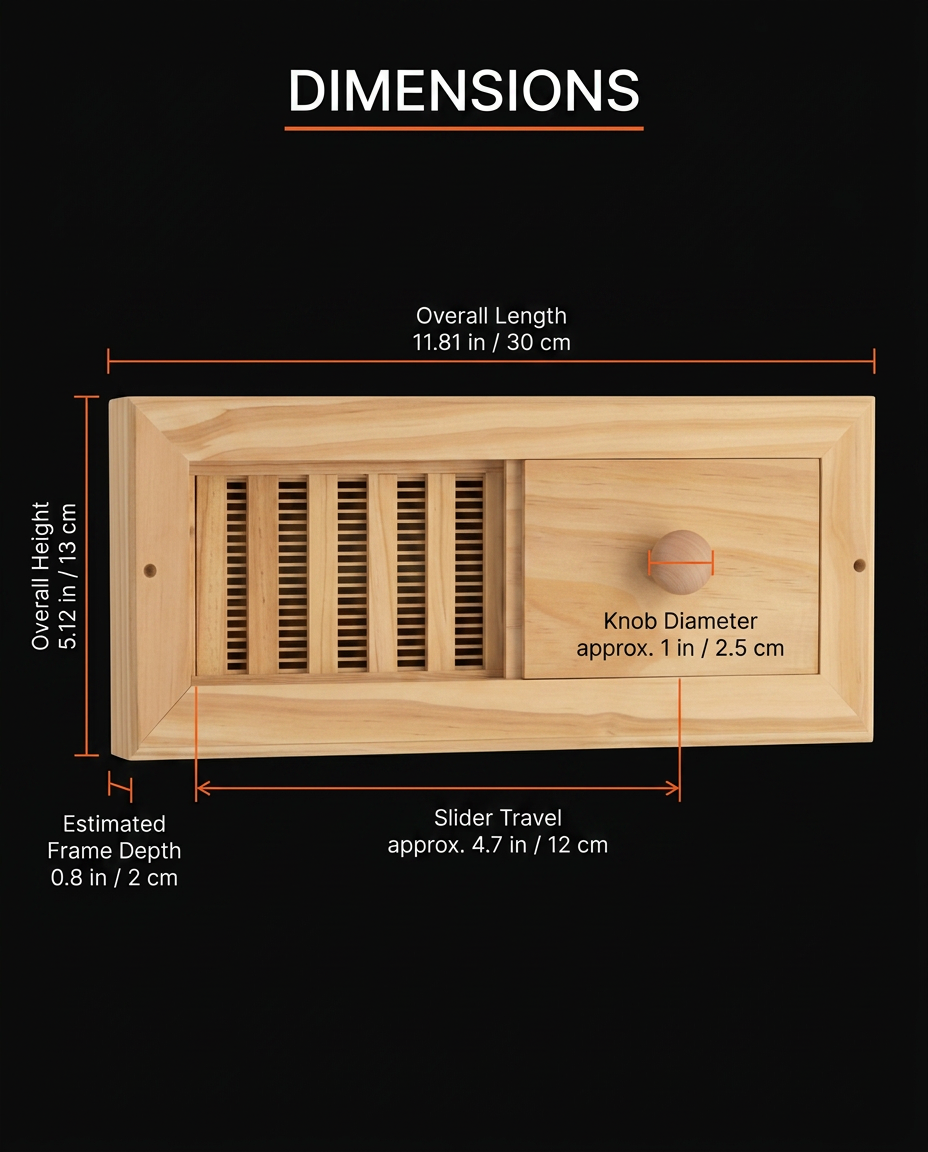 Dimension diagram of the sauna air vent length, height and slider travel
