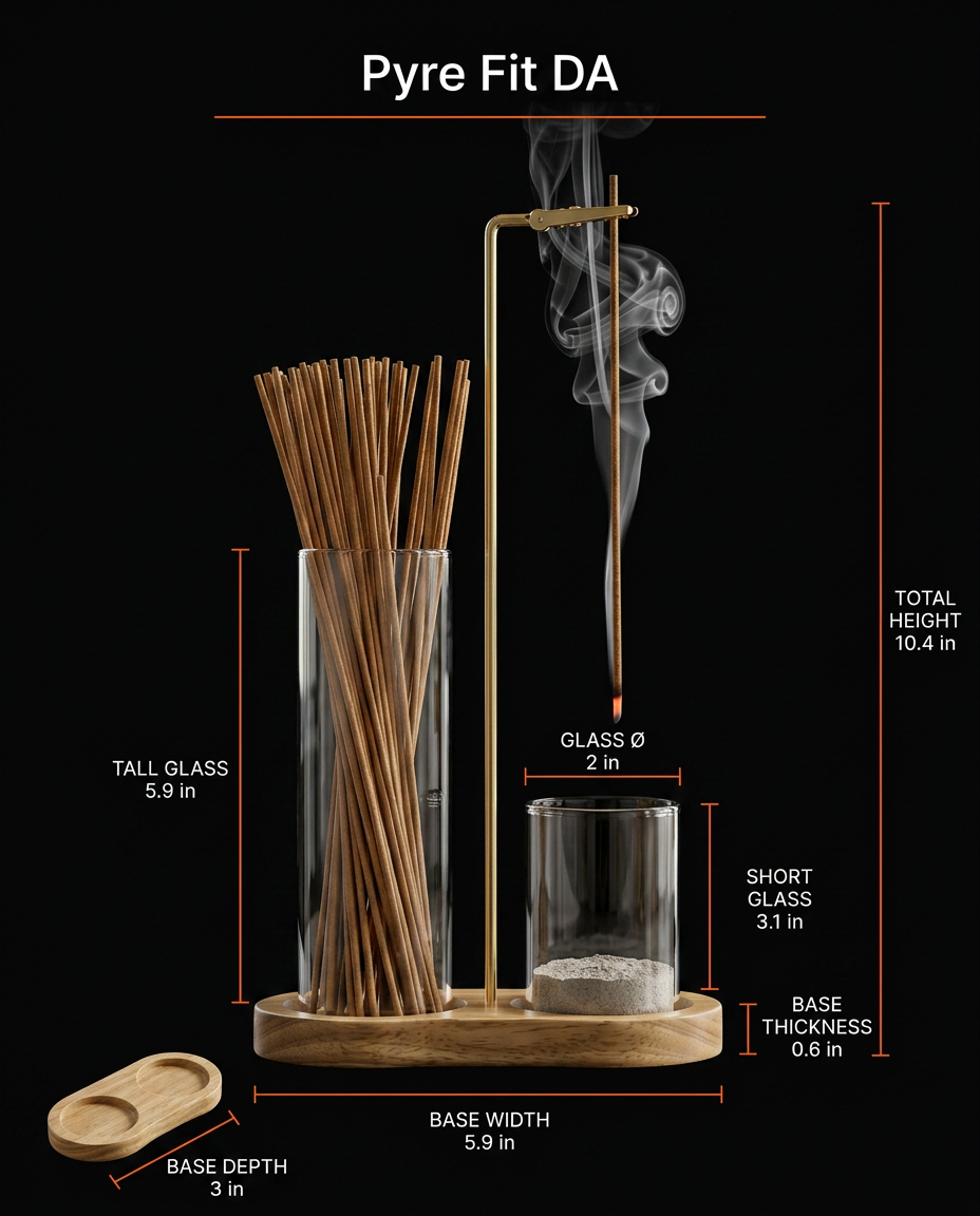 Dimensions diagram of the incense holder set with height, glass and base measurements