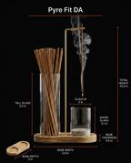 Dimensions diagram of the incense holder set with height, glass and base measurements