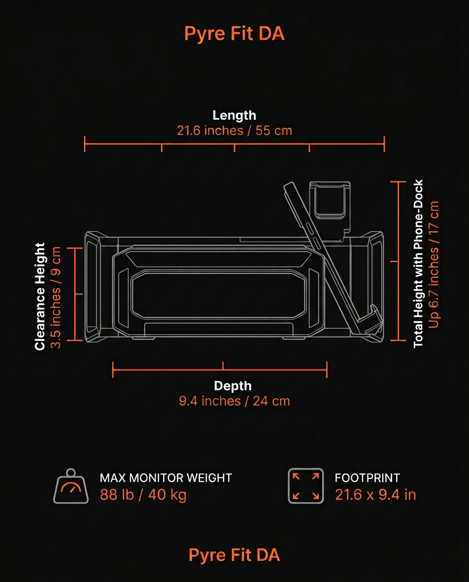 Dimensions infographic for the monitor stand in inches and centimeters