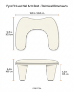 Dimensions chart: nail arm rest 18.3 in wide, 12 in deep, 6.5 in tall