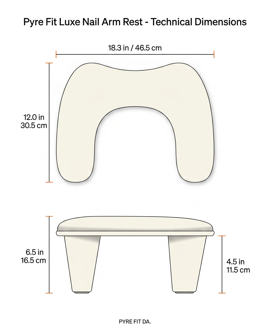 Dimensions chart: nail arm rest 18.3 in wide, 12 in deep, 6.5 in tall