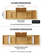 Dimensions infographic showing closed and extended sizes of the bath tray