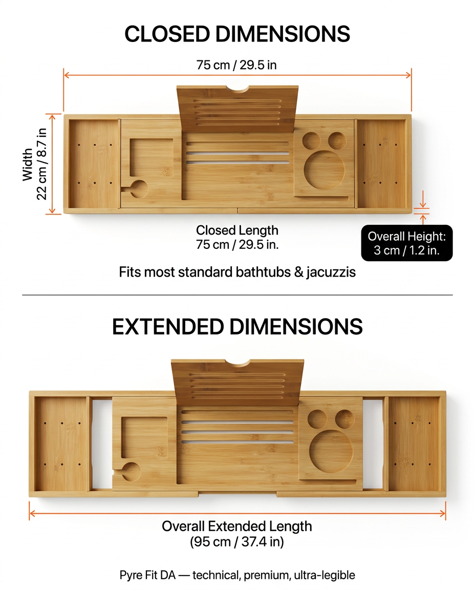 Dimensions infographic showing closed and extended sizes of the bath tray