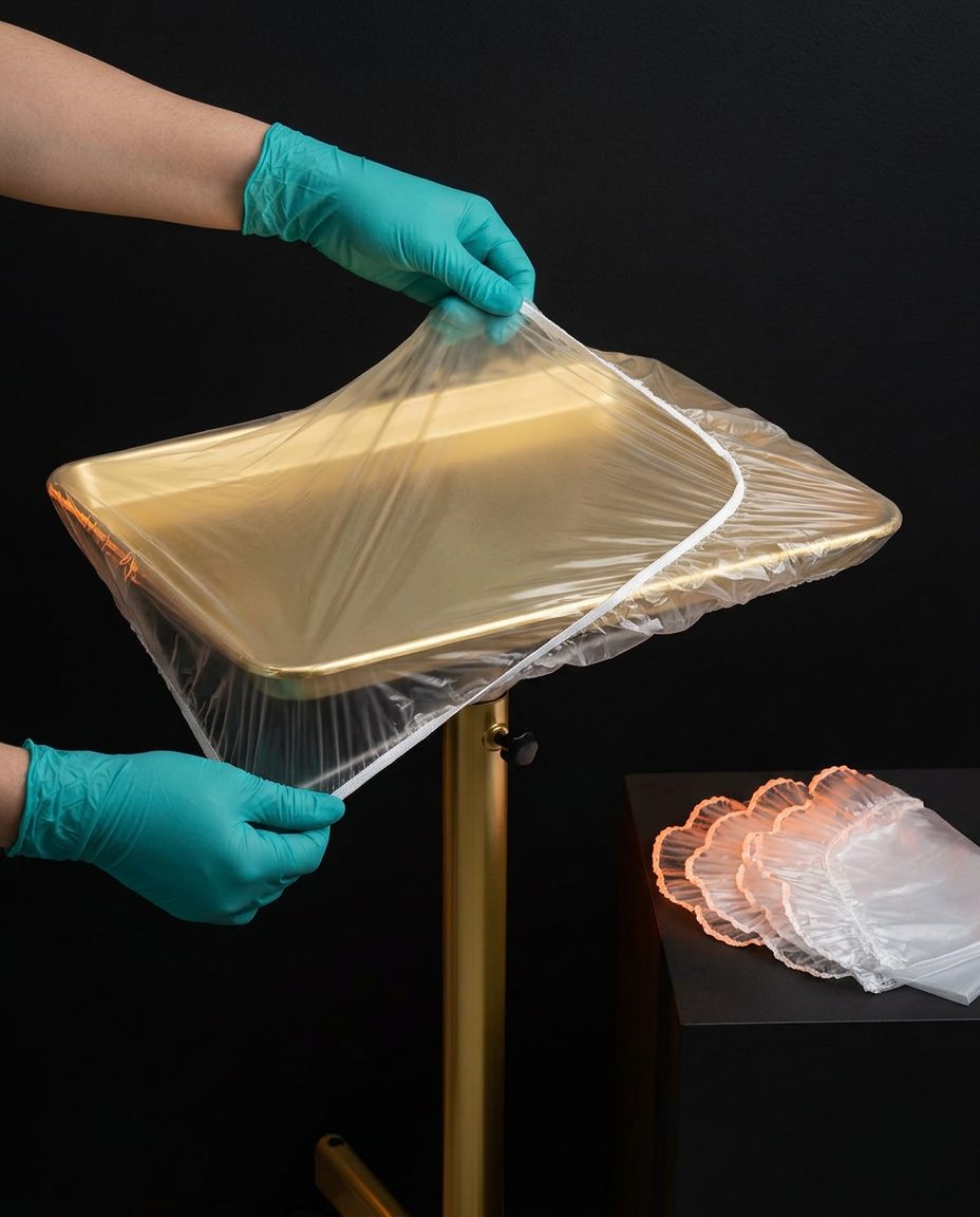 Gloved hands fitting a disposable plastic cover over the salon tray