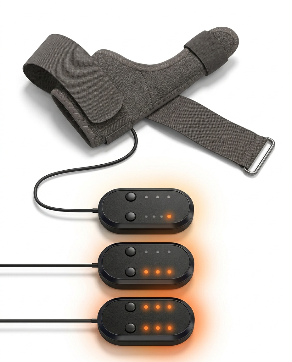 Heated hand wrap shown with control pod at three glowing heat levels