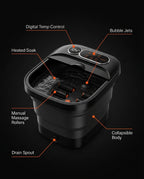 Feature callout diagram of the heated foot spa controls and rollers