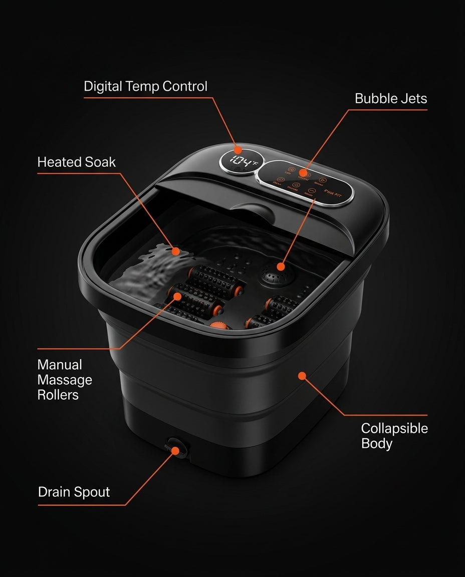 Feature callout diagram of the heated foot spa controls and rollers