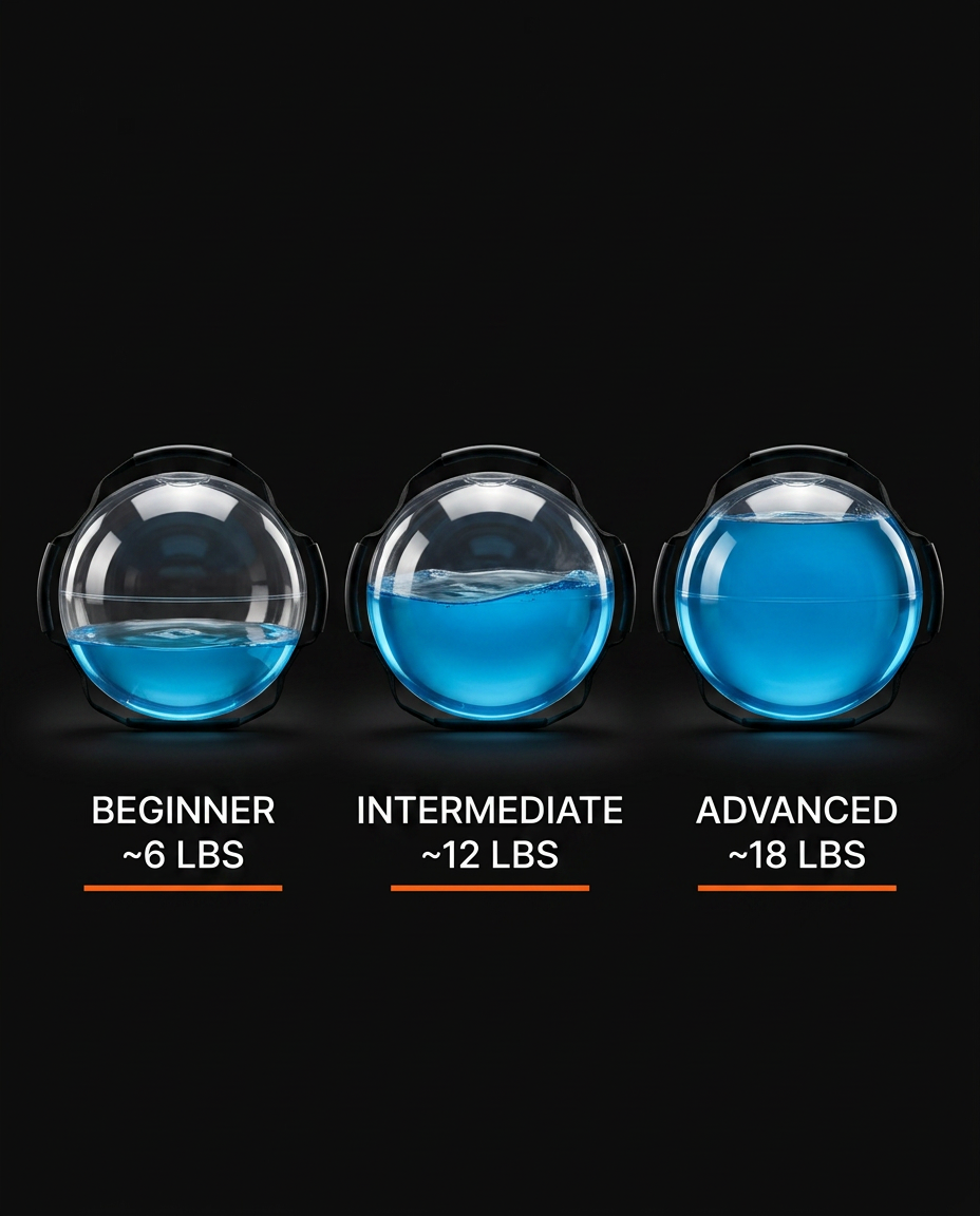 Fill-level guide: 6, 12 and 18 lb water settings for beginner to advanced