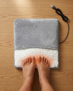 Overhead view of bare feet inserted into the warm sherpa foot heating pad