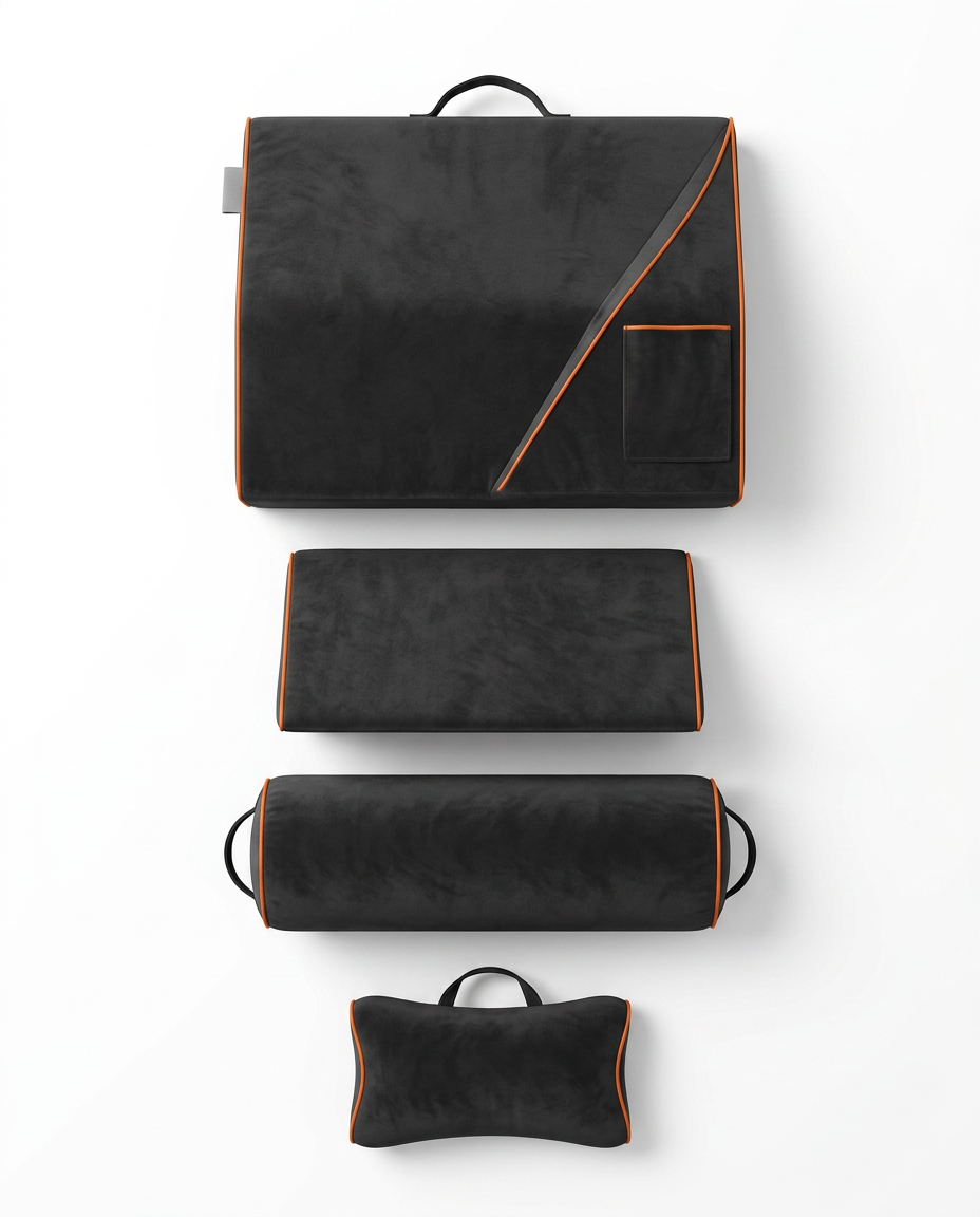 Four-piece sleep system laid out: wedge, support block, bolster and neck pillow