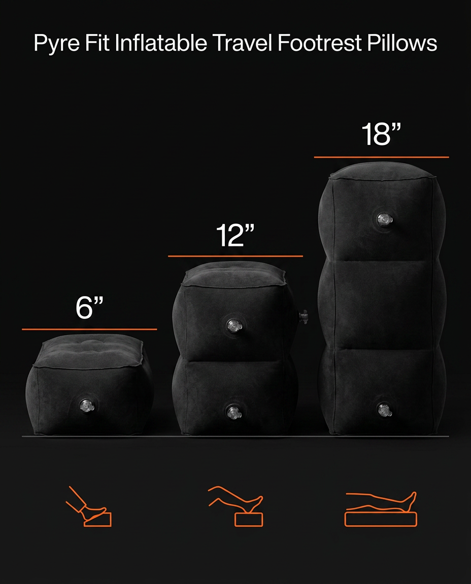 Infographic showing three adjustable heights of the footrest: 6, 12 and 18 inches