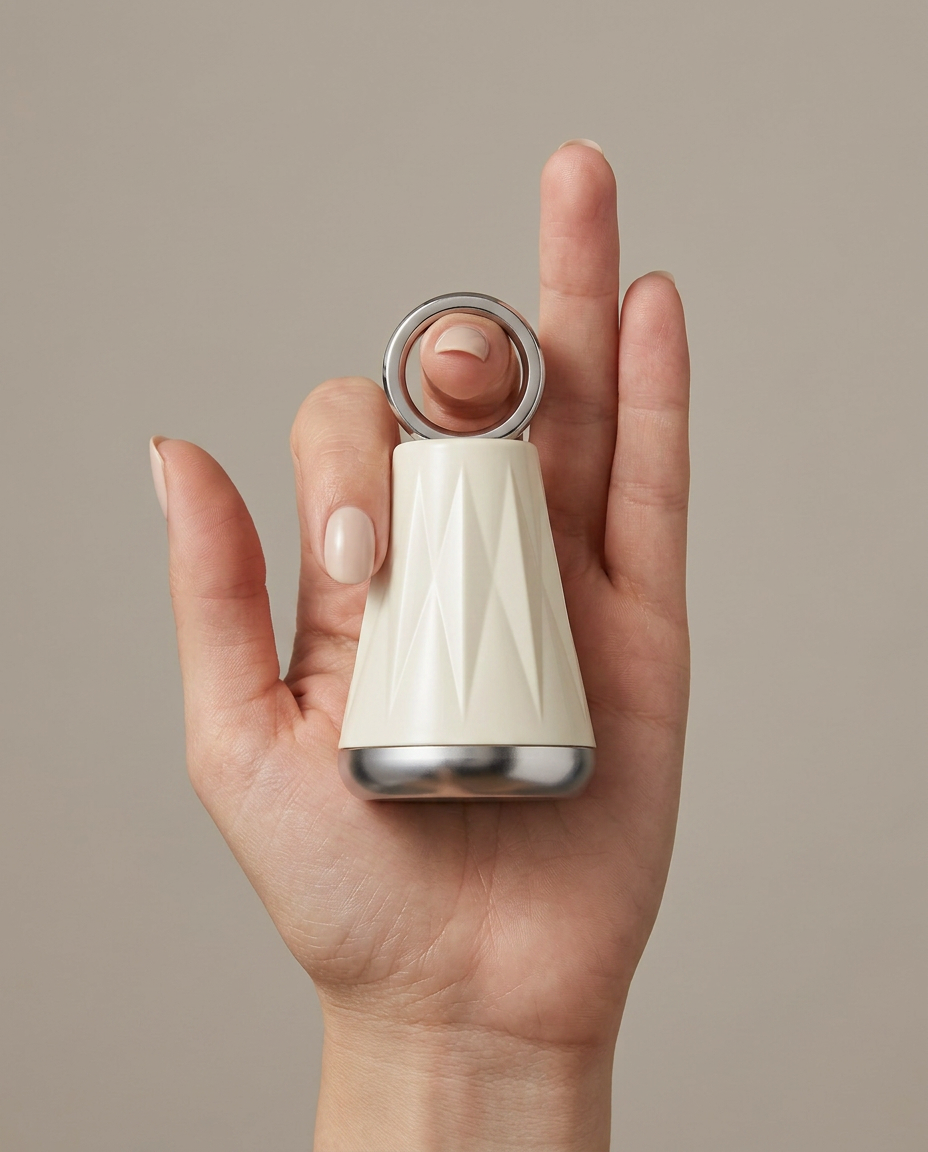 Hand holding the compact cream cooling face tool to show its palm-sized scale