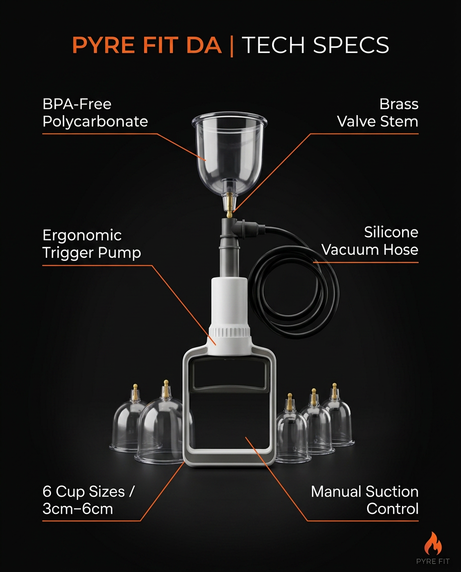 Cupping set infographic noting BPA-free cups, brass valve and trigger pump