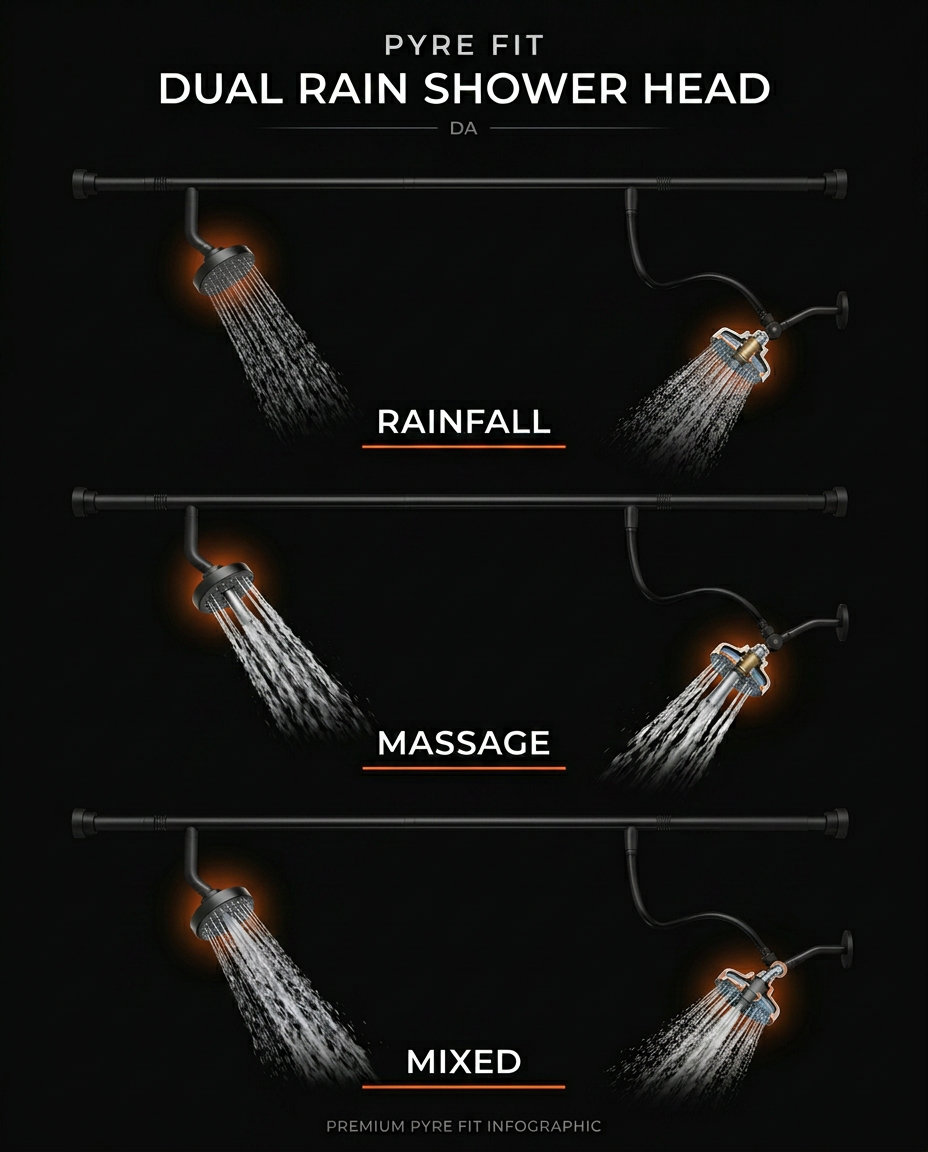 Infographic of three dual shower spray modes: rainfall, massage and mixed