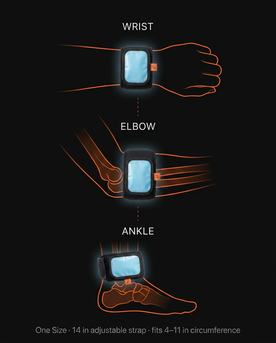 Universal fit infographic showing the gel wrap on wrist, elbow and ankle