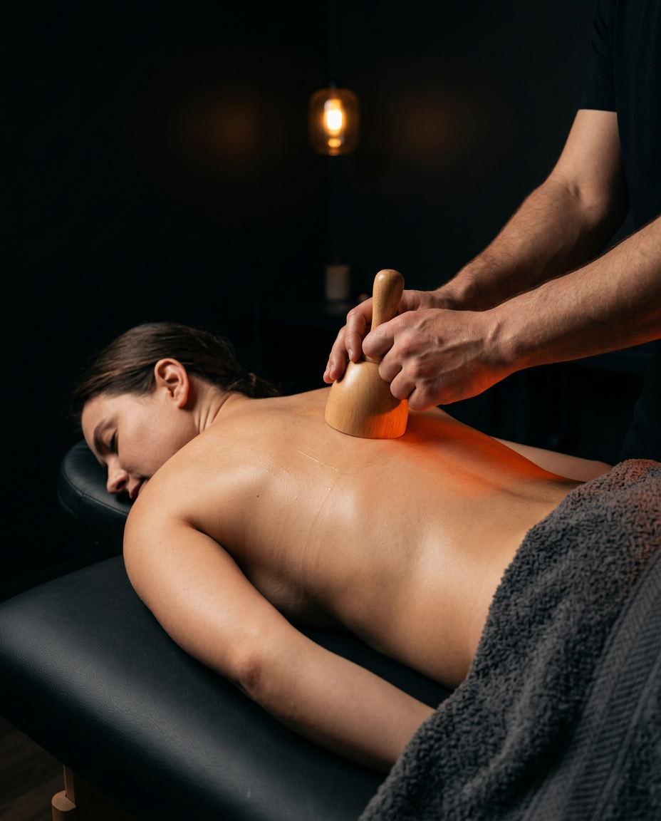 Therapist using wooden massage cup on a woman's back during spa treatment