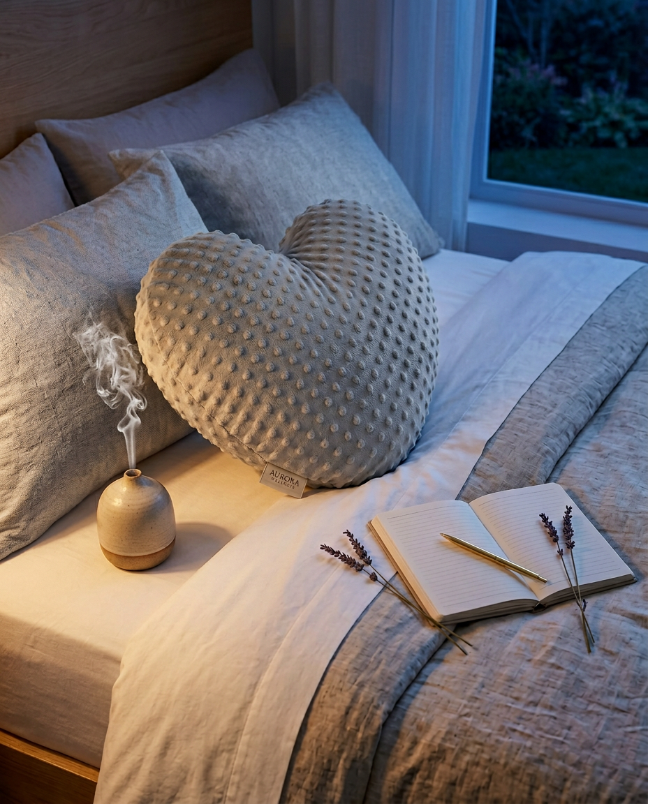 Heart weighted cushion on a bed as part of an evening wind-down routine