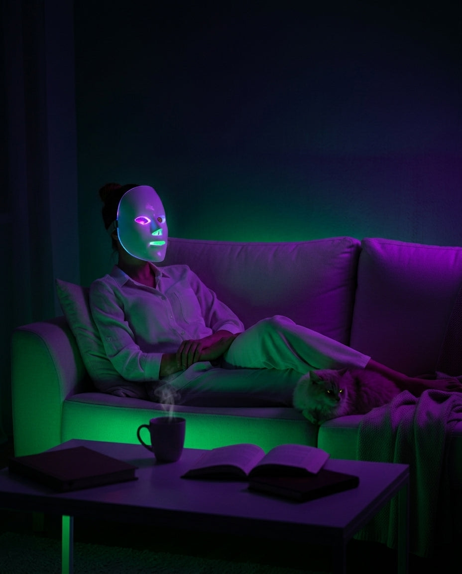 Person reclining on a couch wearing the LED mask in green and purple light