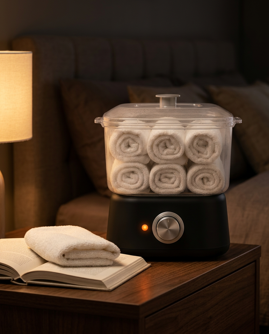 Towel warmer on a bedside table with a book during a night routine