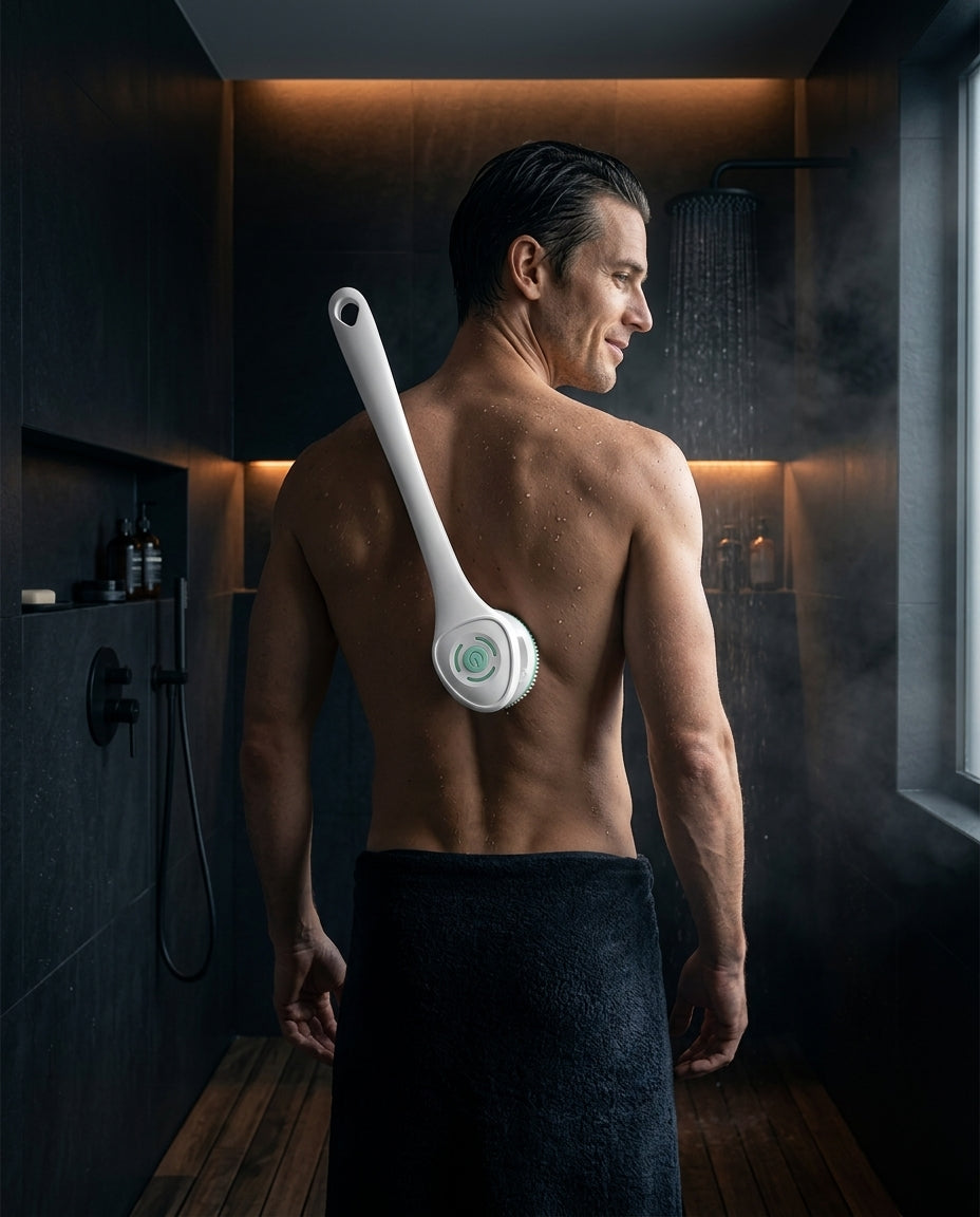 Man reaching his back with the long-handle body brush in a dark spa shower