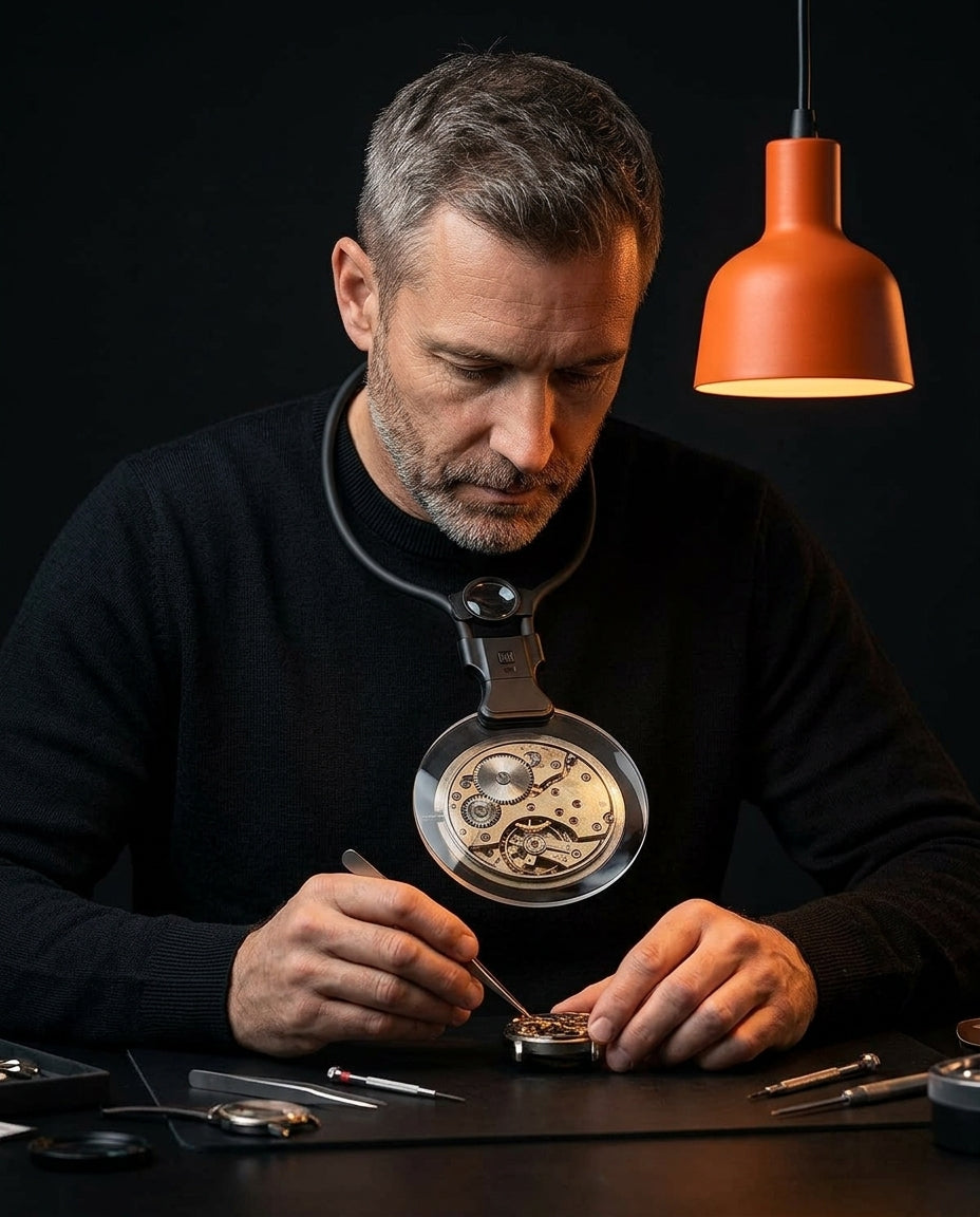 Man repairing a watch at a workbench using the hands-free neck magnifier