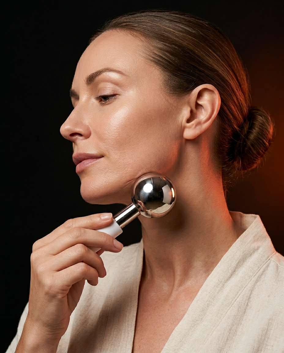Woman sculpting her jawline with a chrome facial ice globe in profile