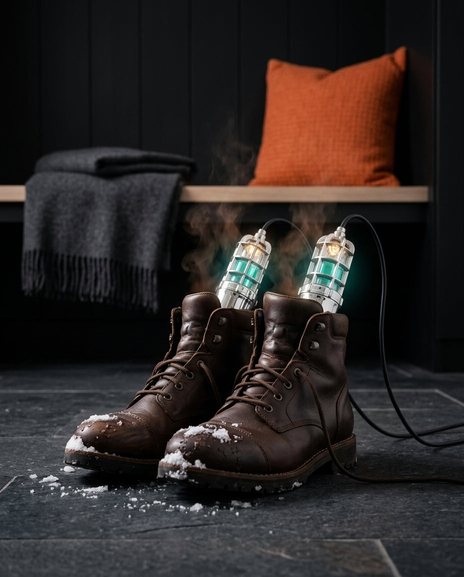 Brown leather winter boots drying with the steaming shoe dryers inside