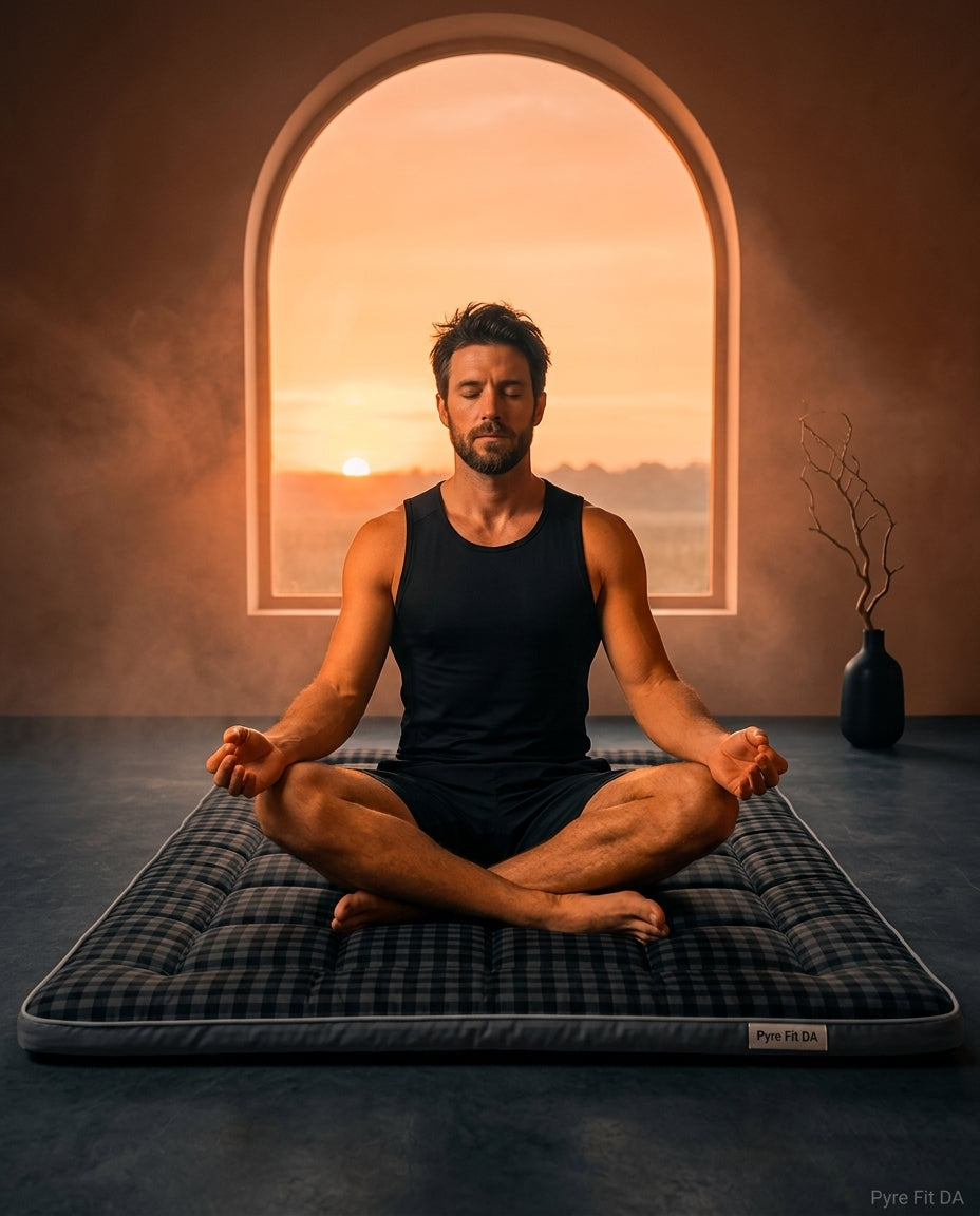 Man meditating cross-legged on the checkered floor mattress at sunset