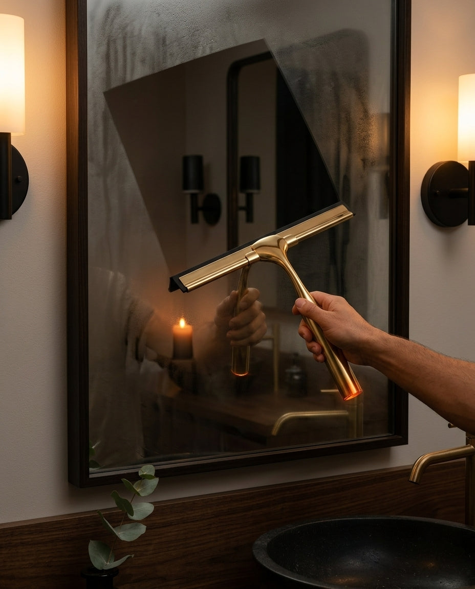 Hand clearing a foggy bathroom mirror with the brass shower squeegee